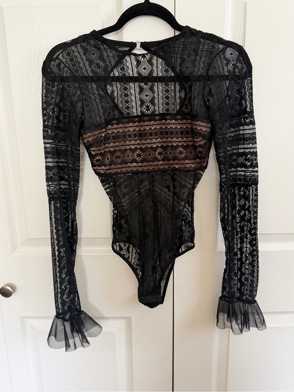 5 for $25! Sheer Black Lace Long-Sleeve Bodysuit with Bronze Accent